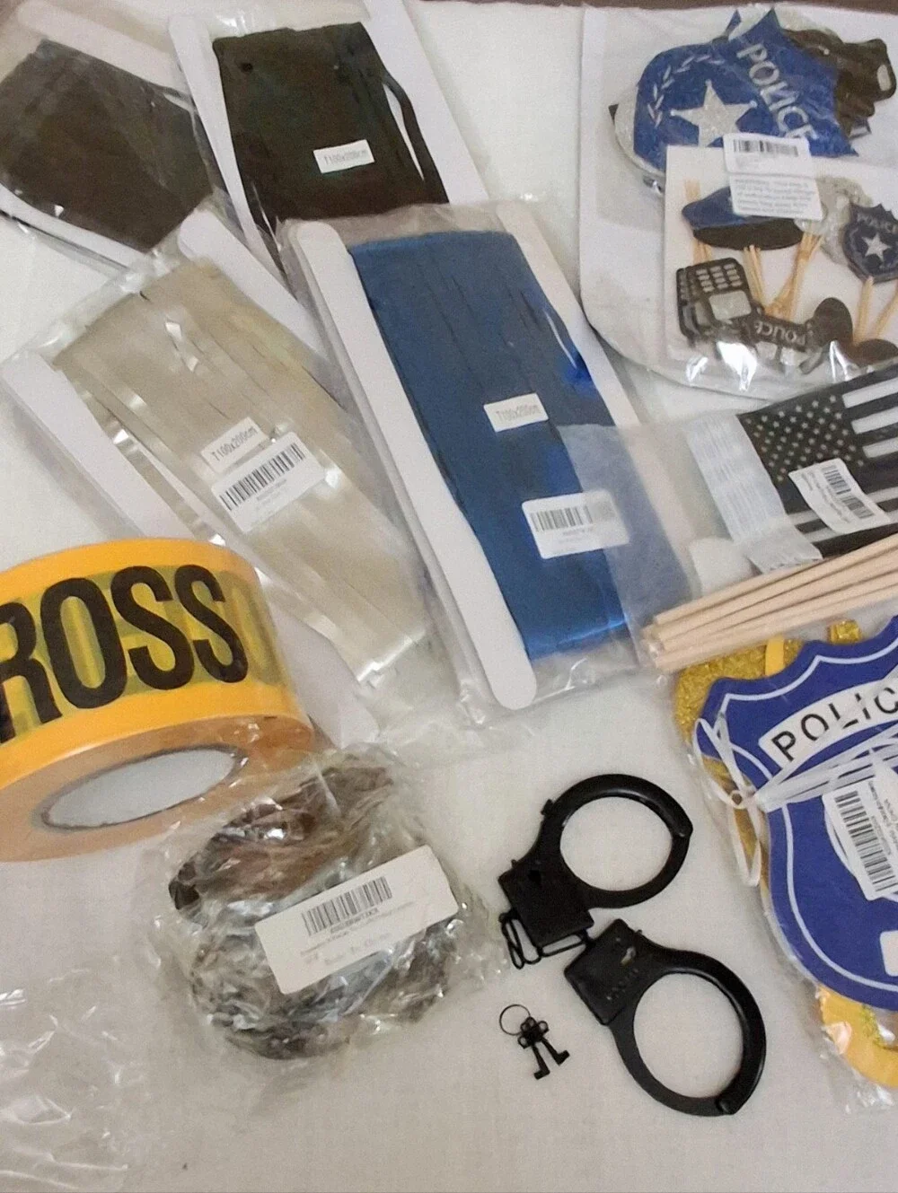 Party Supplies Huge Lot Policeman- Badges Handcuffs, Crime Tape, Flags, Banners